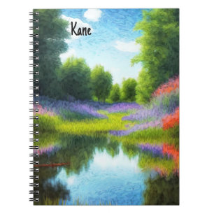 Notizbuch mit bemaltem A1-Bild eines Teichs und Bl Notizblock