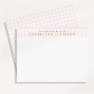 Notizkarte für das rosa Gingham-Babyzimmer für Mäd Ankündigung