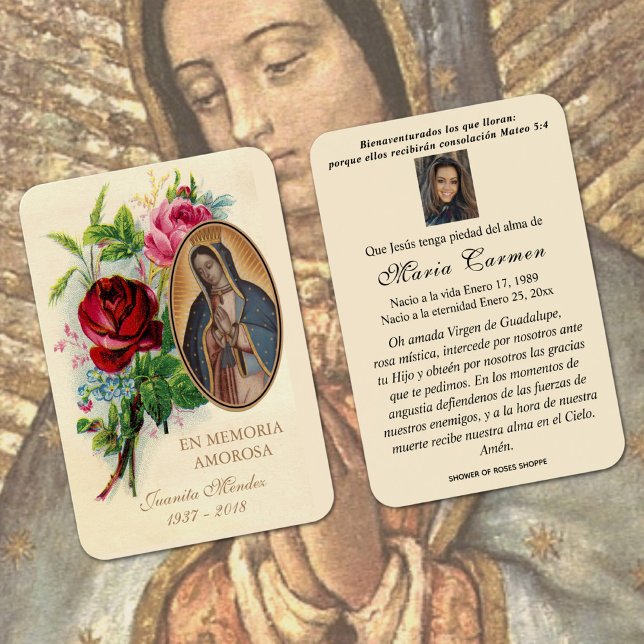 Notre-Dame de Guadalupe Espagne funérailles prière (Our Lady of Guadalupe Catholic Funeral Prayer Card)