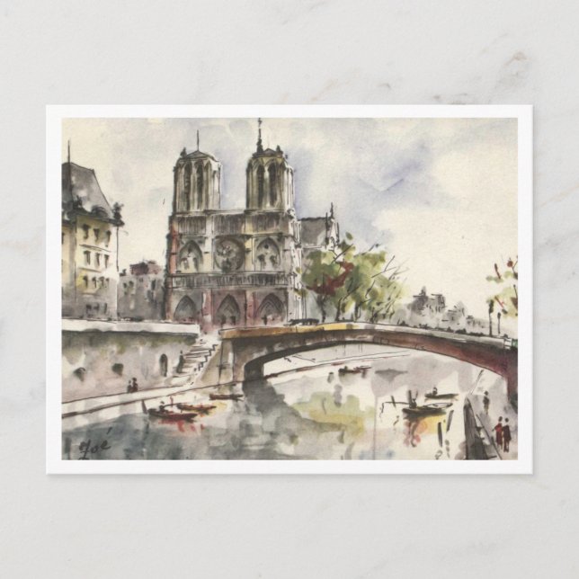 Notre Dame, Paris France Watercolor, 1962 Postkarte (Vorderseite)
