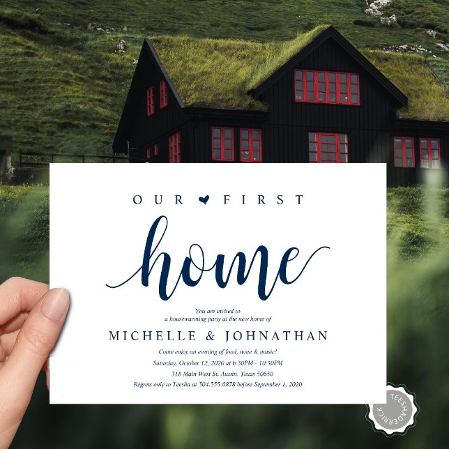 Notre nouvelle maison, Cartes d'invitation pour la (Our first home, Housewarming party celebration invitation card, in navy blue)
