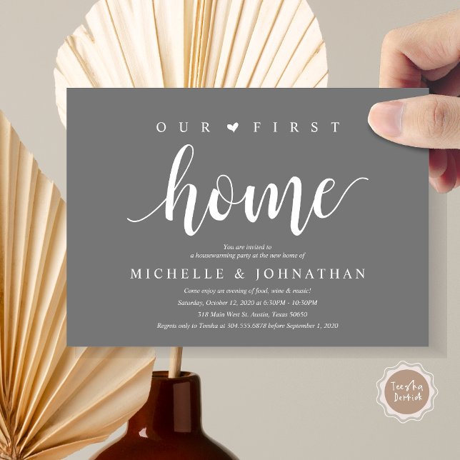 Notre nouvelle maison, Cartes d'invitation pour la (Our first home, Housewarming party celebration invitation card, in dark grey)