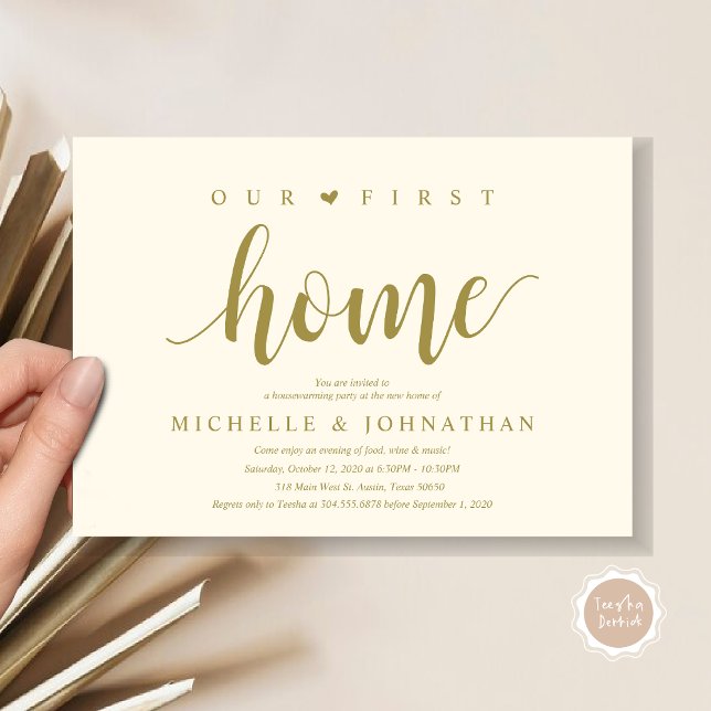Notre nouvelle maison, Cartes d'invitation pour la (Our first home, Housewarming party celebration invitation card, in classy gold)