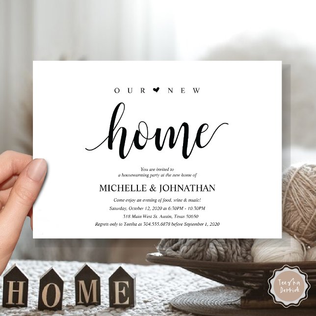 Notre nouvelle maison, Cartes d'invitation pour la (Our New Home, Housewarming  Party Invitation Card, PDF, Modern Rustic, Heart, Black and White)