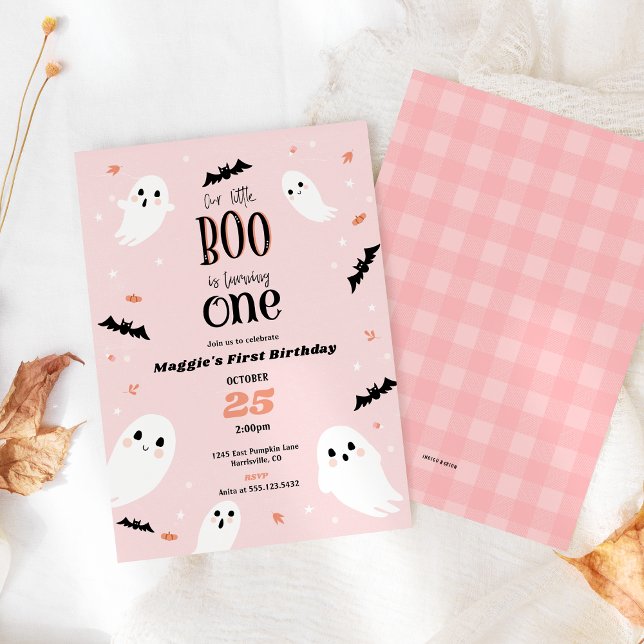 Notre Petit Boo Halloween Invitation d'anniversair (Little boo Halloween 1st birthday invitation shown in  pastel pink with plaid back  pattern design)