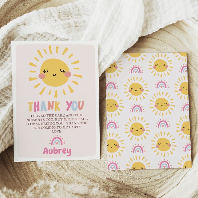 Notre petit Carte de remerciements d'anniversaire  (Our Little Sunshine 1st Birthday Thank You Card, Girl Summer Birthday Thank You Card, Smiling sun)