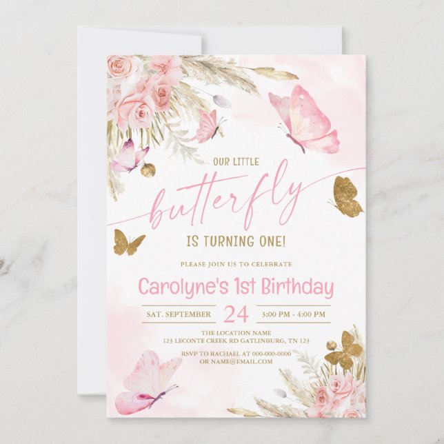 Notre Petit Papillon rose Boho Invitation Annivers (Devant)