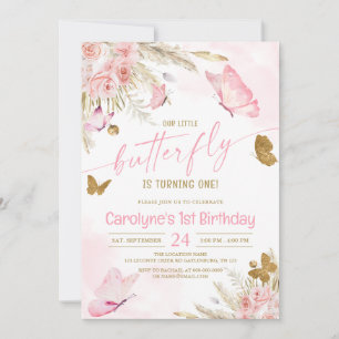 Notre Petit Papillon rose Boho Invitation Annivers