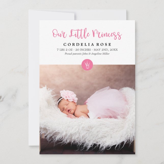 Notre petite princesse Faire-part de bébé rose (Devant)