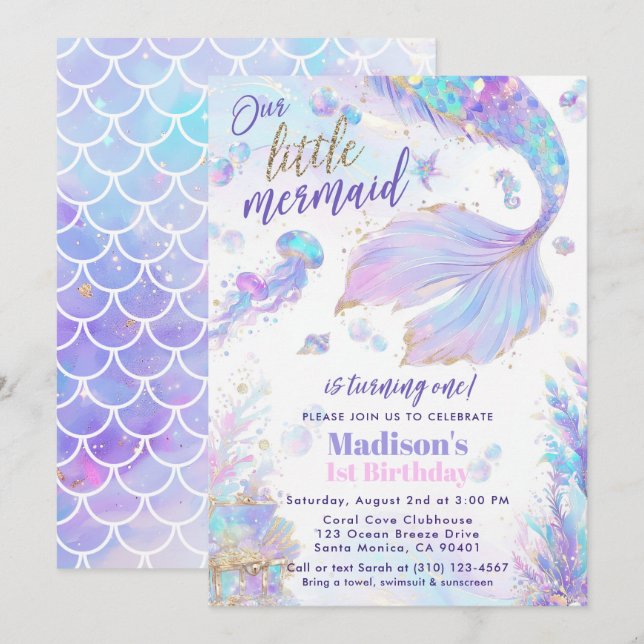Notre petite sirène 1er anniversaire Invitation (Devant / Derrière)