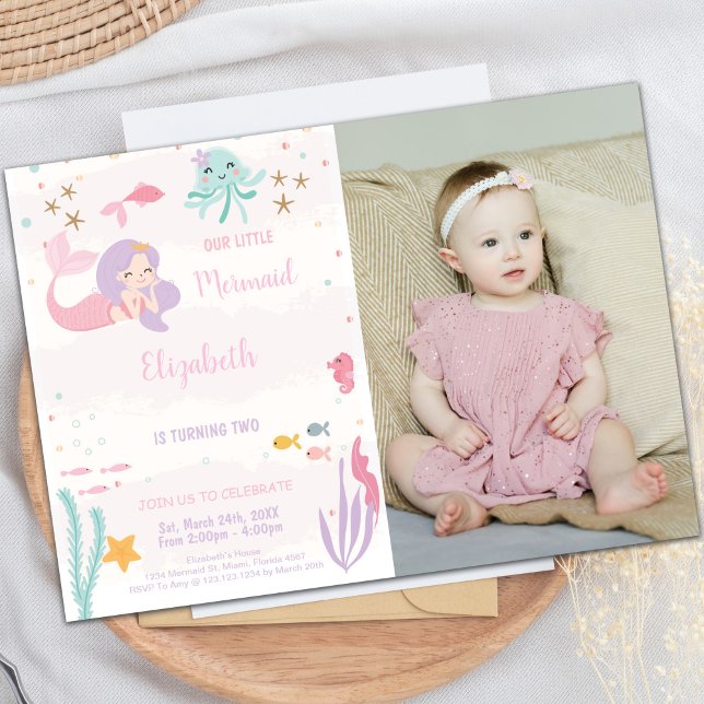 Notre petite sirène Invitation d'anniversaire avec (Our Little Mermaid Birthday Invitations with photo)