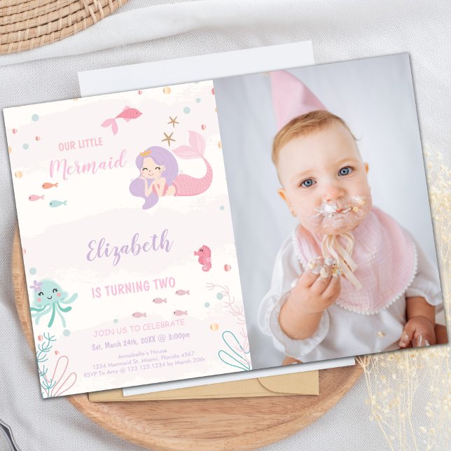 Notre petite sirène rose Invitation d'anniversaire (Our Little Pink mermaid Invitations with photo)