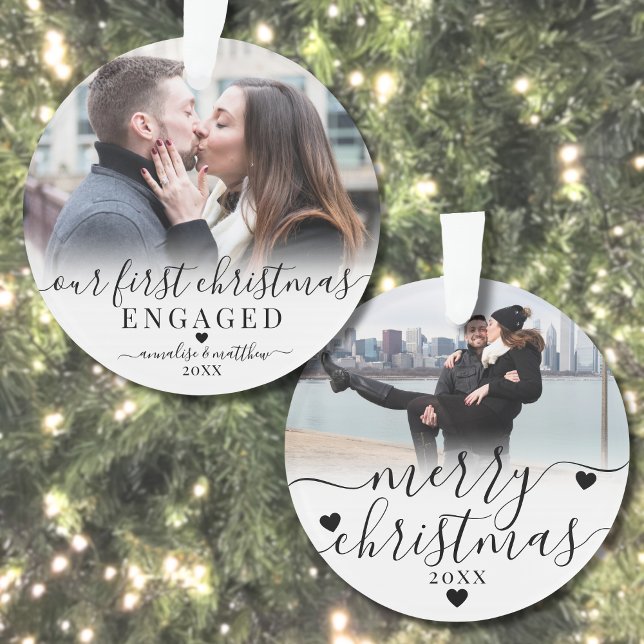 Notre premier Noël engagé Couple 2 Photo (Our First Christmas Engaged Couple 2 Photo Ornament)