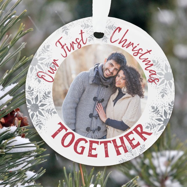 Notre premier Noël ensemble photo rouge et argent (First Christmas Together photo ornament keepsake)
