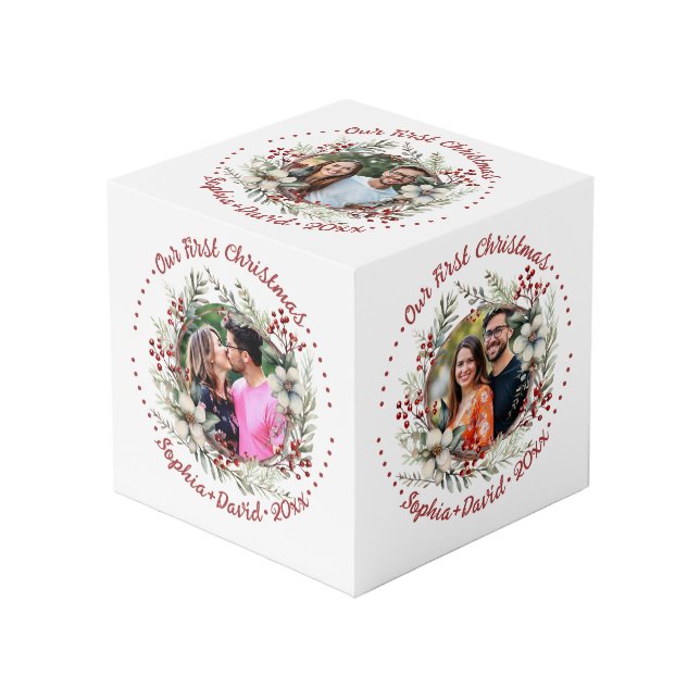 Notre première couronne de Noël mariage photo cube (Angle devant)