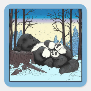 Notta Bear Cozy Winter Nap Neufundländer Welpe Quadratischer Aufkleber