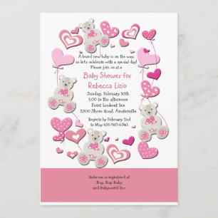 Nounours et ballons de coeur Invitation rose