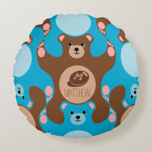 Nounours marron bleu Monogramme enfant Coussin ron