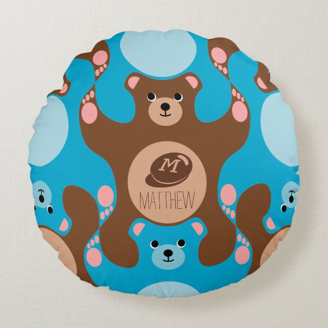 Nounours marron bleu Monogramme enfant Coussin ron (Devant)