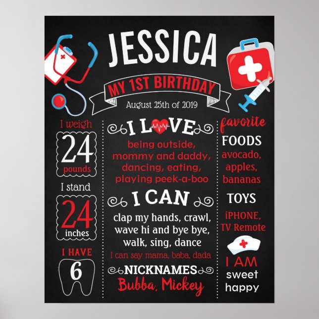 Nourse Doctor Birthday Party-Chalkboard-Zeichen Poster (Vorne)