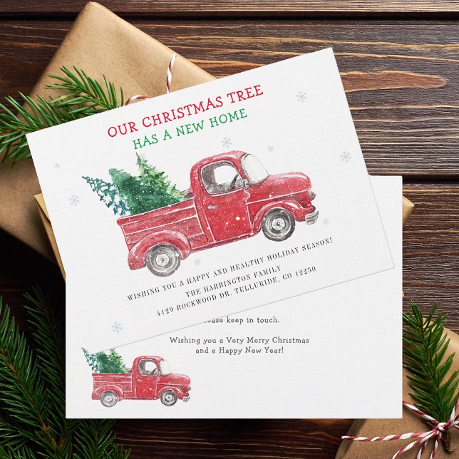 Nous avons déménagé Noël vacances Faire-part de dé (Christmas Holidays Moving Announcement with Classic Red Truck Card)