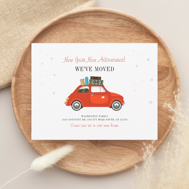 Nous avons déplacé un nouveau Faire-part de déplac (Red Car We Have Moved Family New Address Announcement)