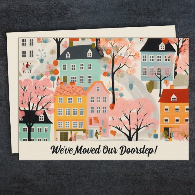 Nous avons déplacé un nouveau Faire-part de déplac (A fun moving/address change card with a modern illustration of a neighborhood.)