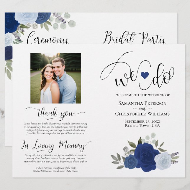 Nous le faisons ! Programme de mariage plié DIY Bl (Devant / Derrière)