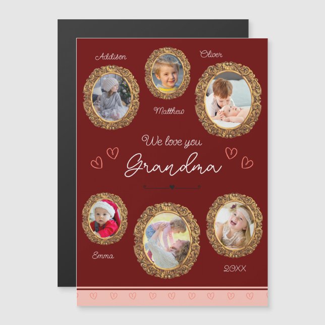 Nous Vous Aimons Grand-Mère Six Photo Red Magnet C (Devant / Derrière)
