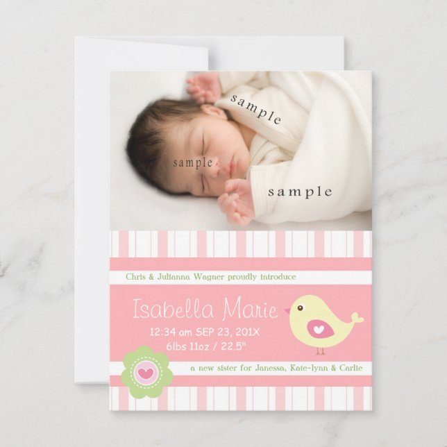 Nouveau bébé fille mignonne rose Faire-part de nai (Devant)
