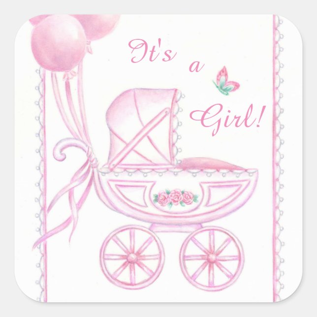 Nouveau Bébé Stickers Fille Buggy rose & Ballons (Devant)
