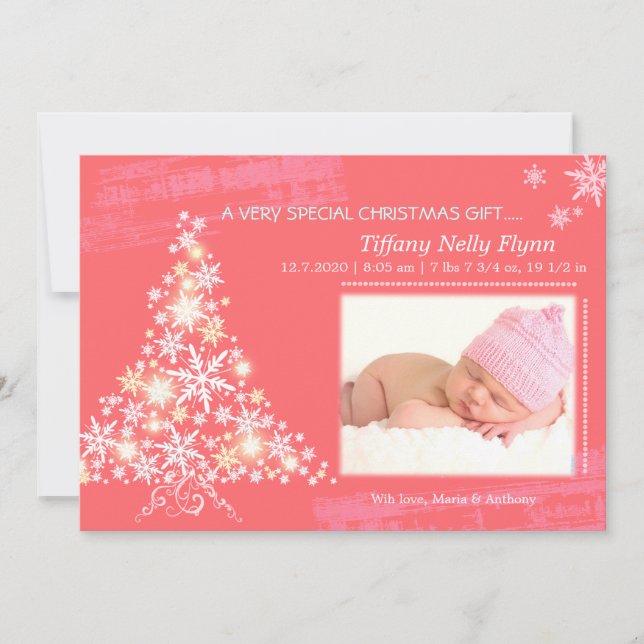 Nouveau faire-part de photo de bébé de Noël rose (Devant)