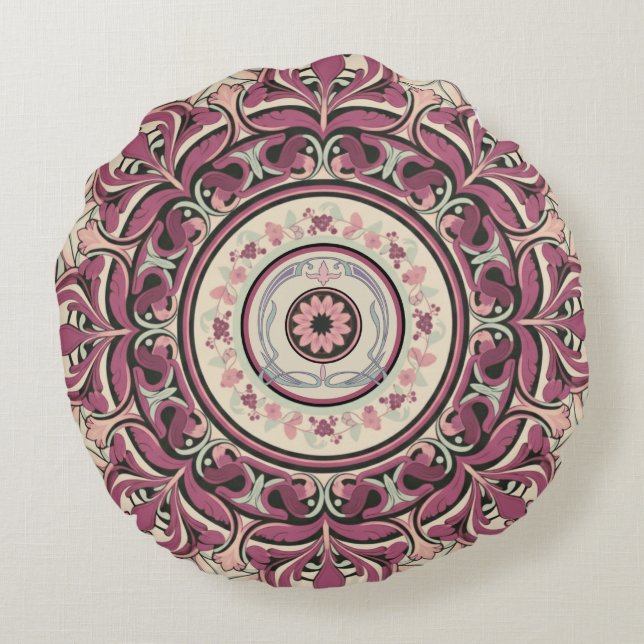 Nouveau Floral Mandala Rundes Kissen (Rückseite)