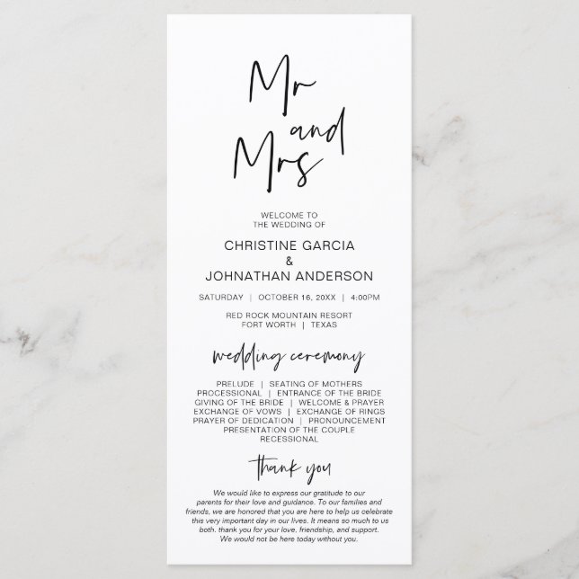 Nouveau M. et Mme, Programme de mariage minimalist (Devant)