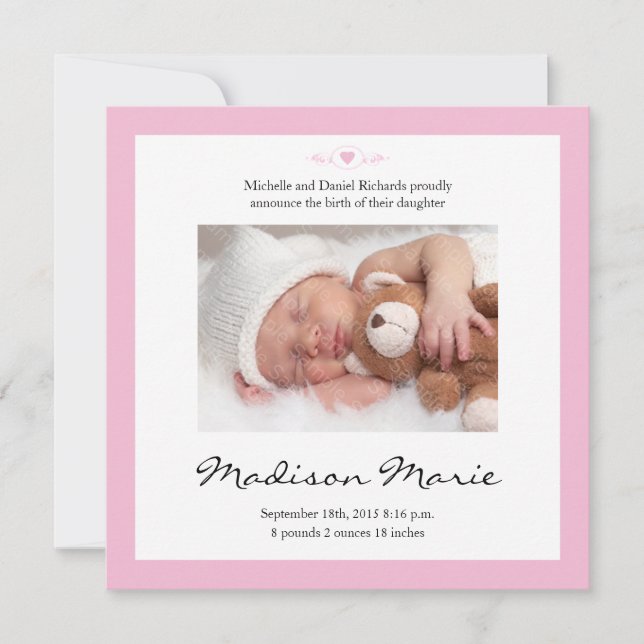 Nouveau poème bébé Faire-part de naissance rose (Devant)