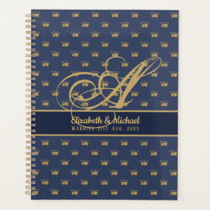 Nouveaux Mariés Monogramme Bleu Nuit Couronne Doré