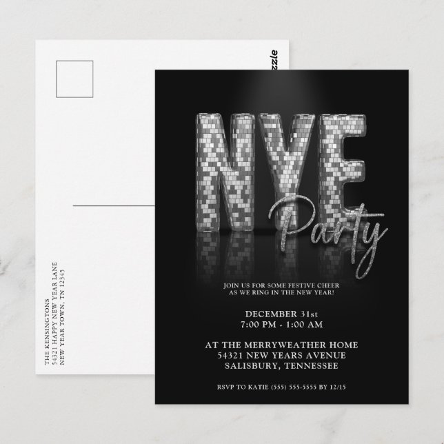Nouvel An Argent Sove Disco Party Invitation (Devant / Derrière)