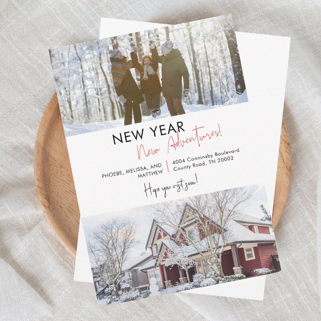 Nouvel An Aventures vacances Faire-part de déménag (New Year Family Photo New Address Moving Announcement)