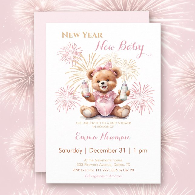 Nouvel an Baby shower fille rose Invitation (New Year Pink Girl Baby Shower Invitation)