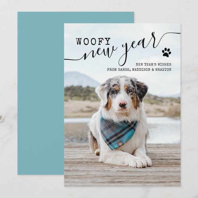 Nouvel An Carte de vacances Chien photo Woofy Nouv (Devant / Derrière)