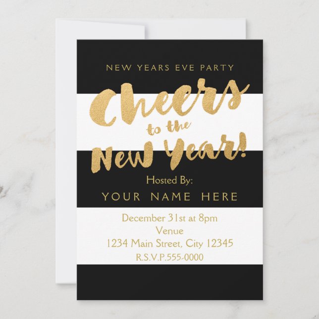 Nouvel An Eve Party Invitations Black White & Gold (Devant)
