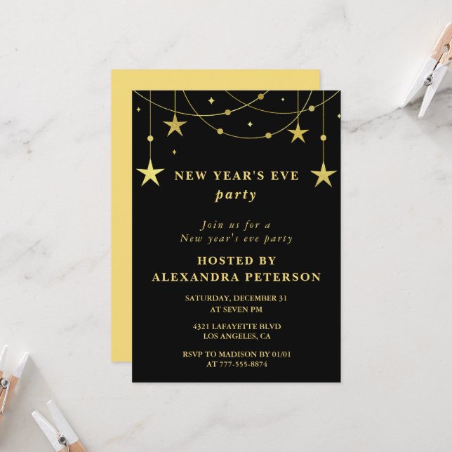 Nouvel an noir invitation Party Gold Stars (Devant/Arrière en situation)