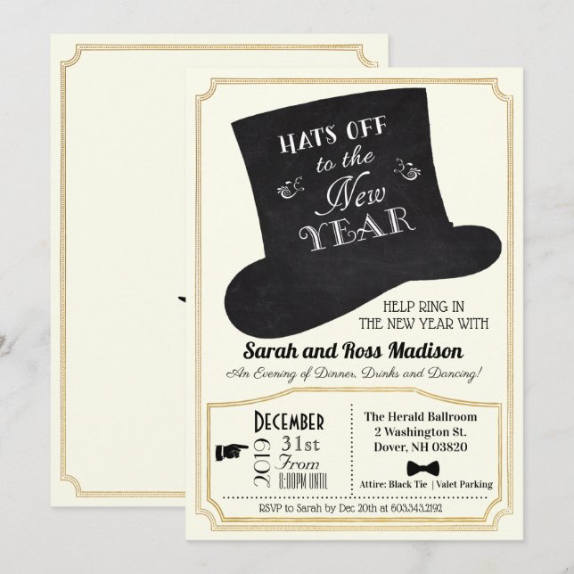 Nouvel An Réveillé Invitation De Chapeau (Devant / Derrière)