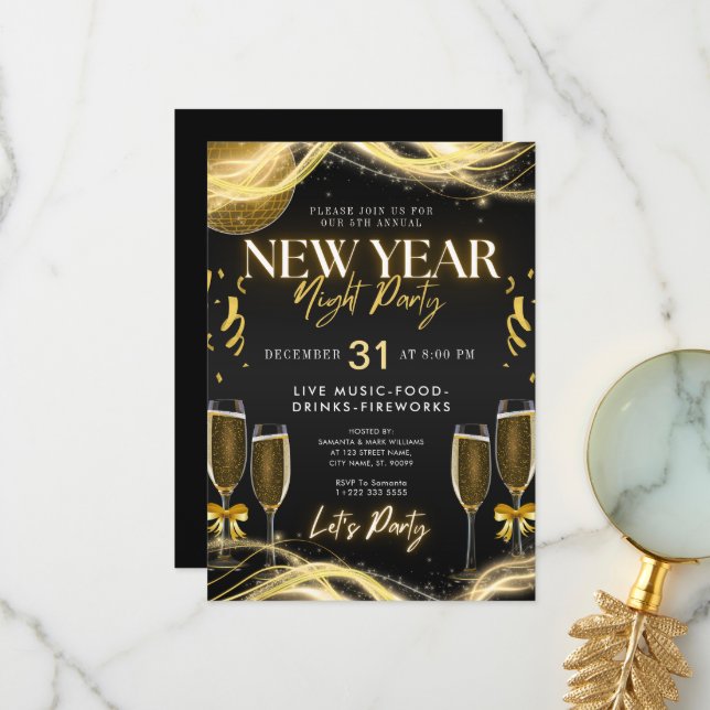Nouvel An Thème Gold & Black Party Invitation (Devant/Arrière en situation)