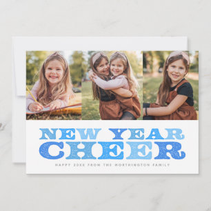 Nouvel an trois photos bleu rétro carte de vacance