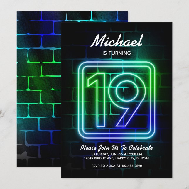 Nouvel anniversaire de Neon invitation pour Boy 19 (Devant / Derrière)
