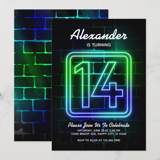 Nouvel anniversaire de Neon invitation pour le gar (Devant / Derrière)