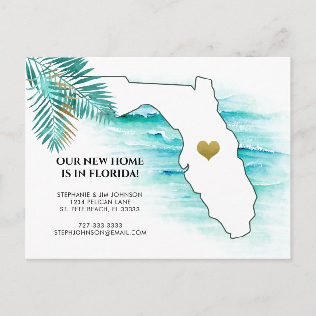 Nouvelle Adresse Carte de Floride Cœur Doré Déména (Devant)