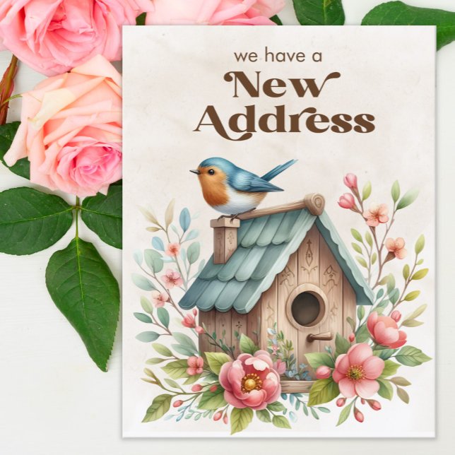 Nouvelle adresse Déplacement Faire-part Fleurs d'o (Pink flowers and birdhouse change of address postcard)