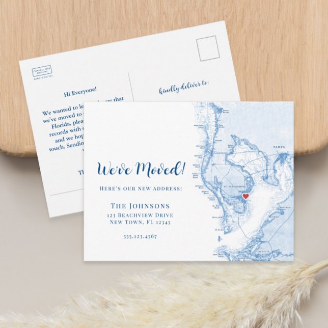 Nouvelle carte de déplacement de la maison St. Pet (Tampa Bay Florida new home moving announcement postcard with heart over St. Petersburg)